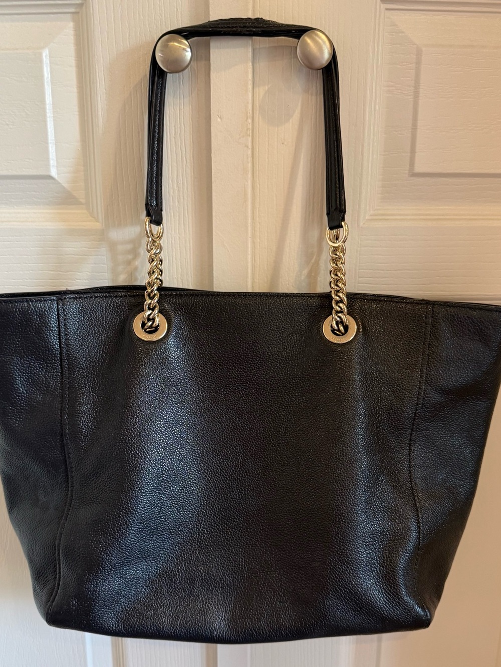 Coach Black Pebbled Leather Tote with Gold Chain Straps - Picture 2 of 16